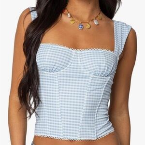 Blue Gingham Women's Top Corset Square Neck Lace Crop Sz Small